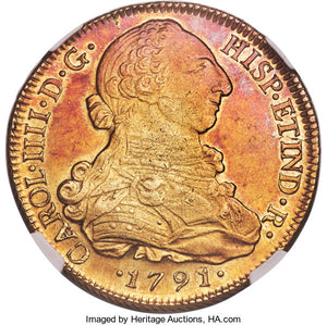 Charles IV gold 8 Escudos 1791 So-DA MS62 NGC