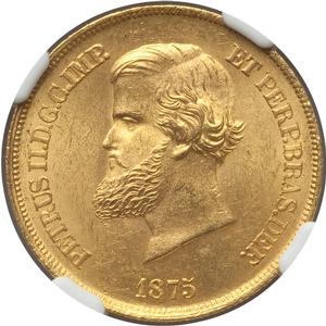Pedro II gold 10000 Reis 1875 MS63 NGC