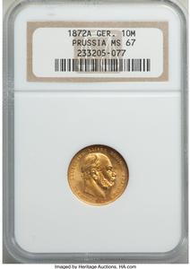 Prussia. Wilhelm I gold 10 Mark 1872-A MS67 NGC