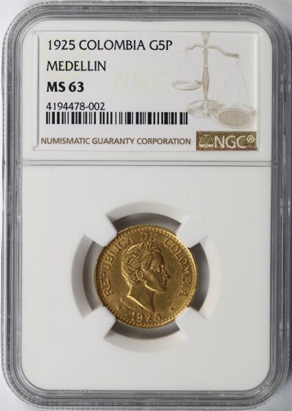 Colombia - Gold 5 Pesos 1925 Medellin MS-63 NGC - Coin – Powell Coins