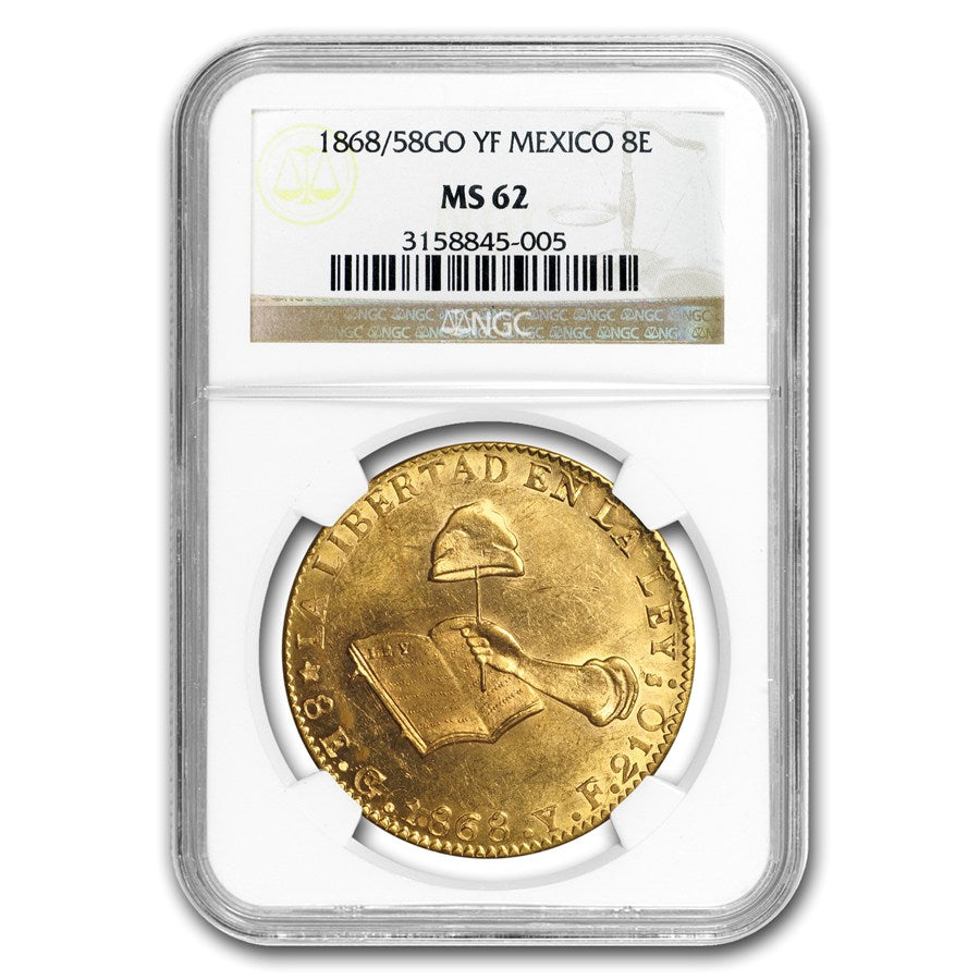 Gold 8 Escudos 8E 1868/58 Go-YF Mexico MS-62 NGC - Coin – Powell Coins