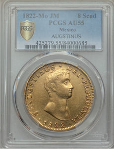 RARE! Mexico - Gold 8 Escudos 1822-MO JM Augustin I Iturbide AU-55 PCGS - Coin