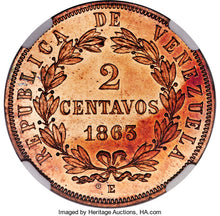 Venezuela - Republic copper Proof Essai 2 Centavos 1863-E PR65 Red and Brown NGC