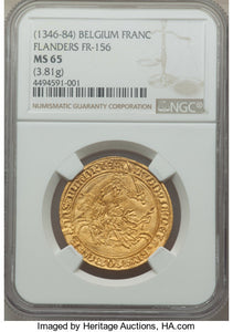 RARE! Belgium - Flanders - Louis II de Mâle (1346-84) gold Franc à cheval (Gouden Rijder) ND (1346-1384) MS65 NGC - Coin