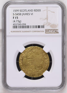 Scotland - 1599 James VI Gold Rider of 100 Schillings - F-15 NGC