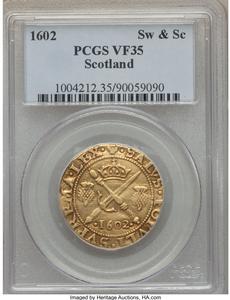 James VI gold Sword And Scepter Piece 1602 VF35 PCGS