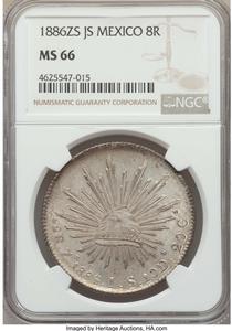 Republic 8 Reales 1886 Zs-JS MS66 NGC