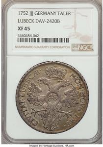 Lübeck. Friedrich August Taler 1752-JJJ XF45 NGC