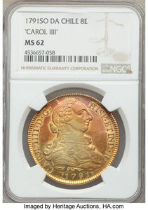 Charles IV gold 8 Escudos 1791 So-DA MS62 NGC