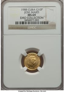 Republic gold 10 Pesos 1988 MS69 NGC