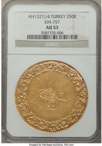 Mehmed V gold 250 Kurush AH 1327 Year 4 (1912/1913) AU53 NGC