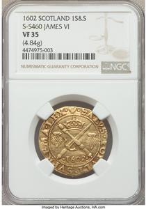 James VI (I) gold Sword and Scepter 1602 VF35 NGC