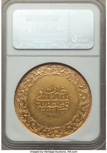 Mehmed V gold 250 Kurush AH 1327 Year 4 (1912/1913) AU53 NGC