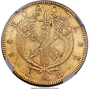 Republic gold 8 Escudos 1832 BOGOTA-RS AU53 NGC