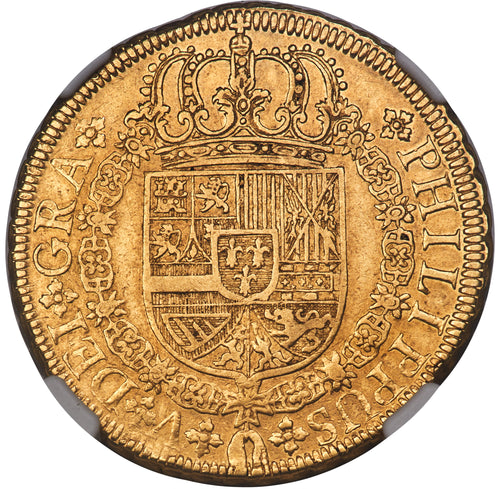 Spain: Philip V gold 8 Escudos 1729 S-P AU53 NGC