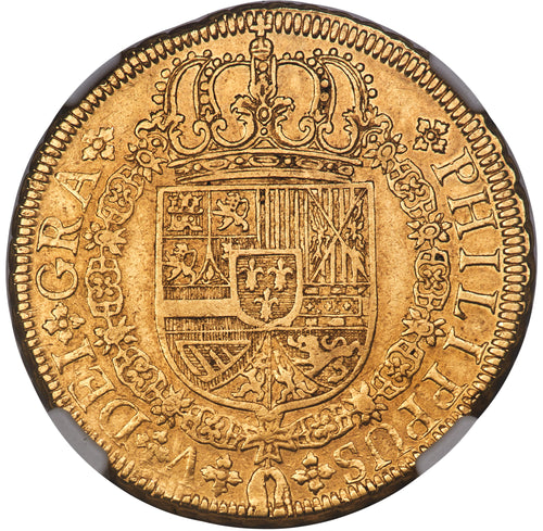 Spain: Philip V gold 8 Escudos 1729 S-P AU53 NGC