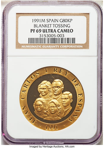 Spain: Juan Carlos I gold Proof 80000 Pesetas 1991-M PR69 Ultra Cameo NGC