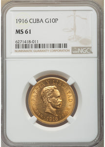 Cuba: Republic gold 10 Pesos 1916 MS61 NGC