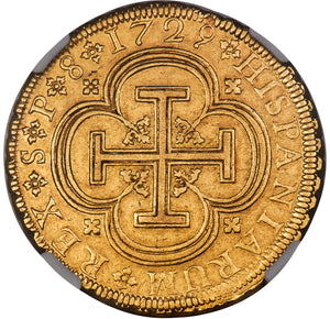 Spain: Philip V gold 8 Escudos 1729 S-P AU53 NGC