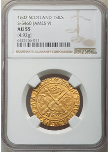 Scotland: James VI (I) gold Sword and Scepter 1602 AU55 NGC