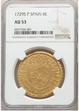 Spain: Philip V gold 8 Escudos 1729 S-P AU53 NGC