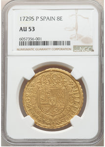 Spain: Philip V gold 8 Escudos 1729 S-P AU53 NGC