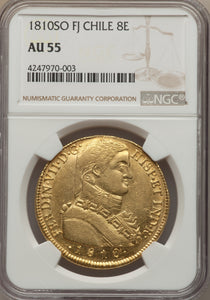 Gold 8 Escudos 8E 1810 So-FJ Chile Ferdinand VII AU-55 NGC - Coin