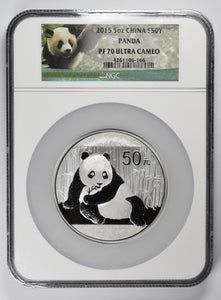 China - Silver 5 oz Panda 50 Yuan 2015 - PF 70 Ultra Cameo NGC - Proof Bullion