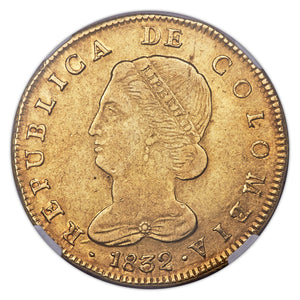Gold 8 Escudos 8E Columbia 1832 BOGOTA-RS AU-53 NGC - Coin