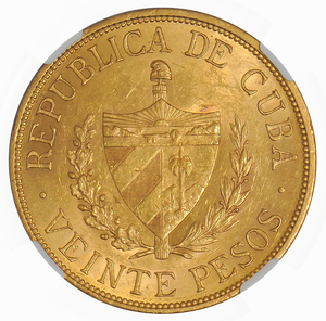 Cuba Gold 20 Pesos 1915 AU-58 NGC Wings - Coin