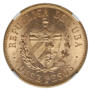 Gold 10 Pesos Cuba 1916 MS-61 NGC - Coin