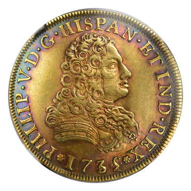 UNIQUE! FINEST KNOWN! RAINBOW! Mexico - Gold 8 Escudos 1735/4-MO MF AU-50 NGC - Rare! Over Date Coin