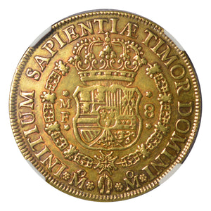UNIQUE! FINEST KNOWN! RAINBOW! Mexico - Gold 8 Escudos 1735/4-MO MF AU-50 NGC - Rare! Over Date Coin