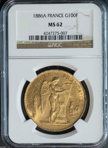 Gold 100 Francs 1886-A France MS-62 NGC - Coin