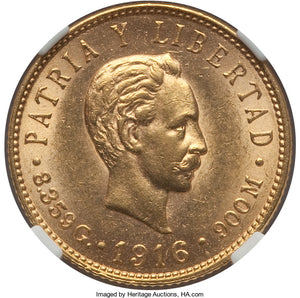 Gold 5 Pesos Cuba 1916 MS-62 NGC - Coin