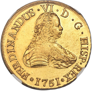 Gold 8 Escudos Chile 1751 Ferdinand VI SO-J AU-55 NGC - Coin