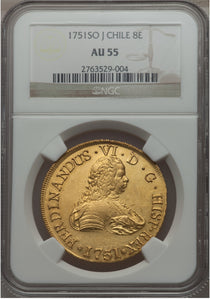 Gold 8 Escudos Chile 1751 Ferdinand VI SO-J AU-55 NGC - Coin