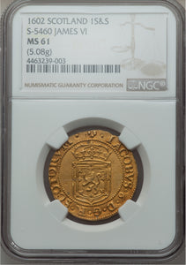 RARE! Gold Sword and Scepter Scotland James VI 1602 MS-61 NGC - Coin