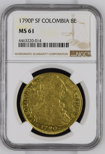 HIGH GRADE! Gold 8 Escudos 8E Columbia 1790-P SF MS-61 NGC - Coin