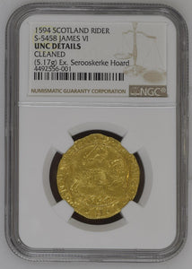 Scotland - James VI (I). 1594 AV Gold Rider - 100 Shillings - NGC UNC Details - Coin