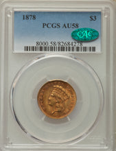 DEAL! RARE! Gold $3 United States 1878 AU-58 PCGS CAC Approved - Coin