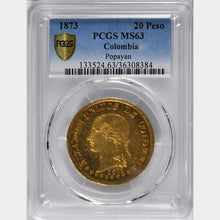 RARE! Colombia - Gold 20 Pesos 1873 Popayan Mint - MS-63 PCGS Gold Shield - Coin