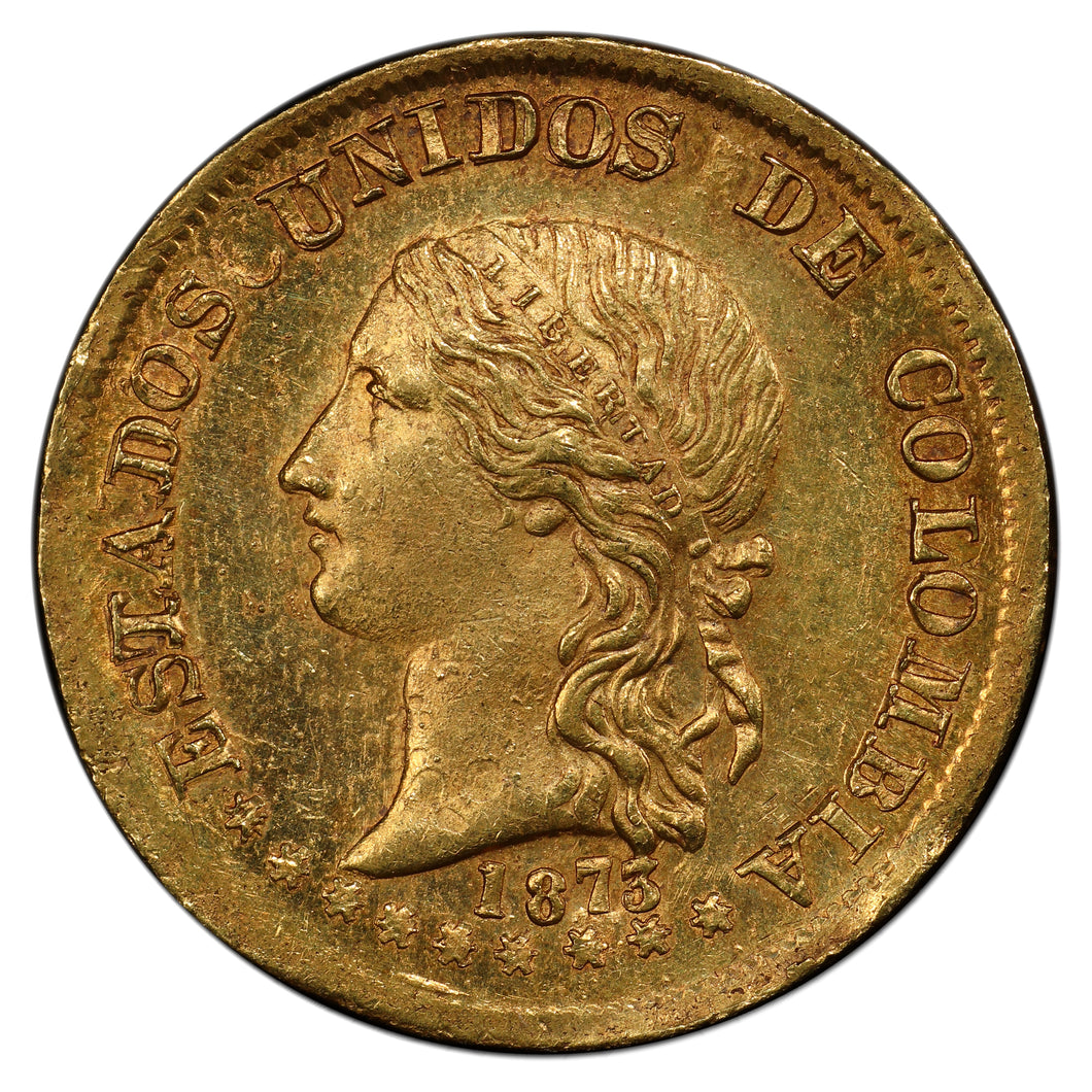 RARE! Colombia - Gold 20 Pesos 1873 Popayan Mint - MS-63 PCGS Gold Shield - Coin