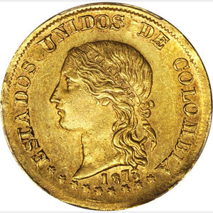 RARE! Colombia - Gold 20 Pesos 1873 Popayan Mint - MS-63 PCGS Gold Shield - Coin
