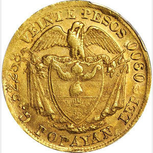 RARE! Colombia - Gold 20 Pesos 1873 Popayan Mint - MS-63 PCGS Gold Shield - Coin