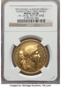 France - Republic gold Alencon Agricultural Prize Medal 1873 AU58 NGC