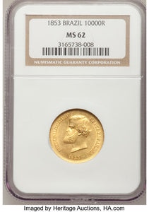 Brazil - Pedro II gold 10000 Reis 1853 MS62 NGC