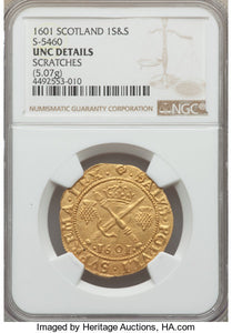 Scotland - James VI (I) gold Sword and Scepter 1601 UNC Details (Scratches) NGC
