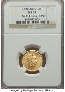 Cuba - Republic gold 25 Pesos 1988 MS67 NGC