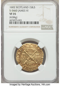 Scotland - James VI (I) gold Sword and Scepter 1602 VF35 NGC